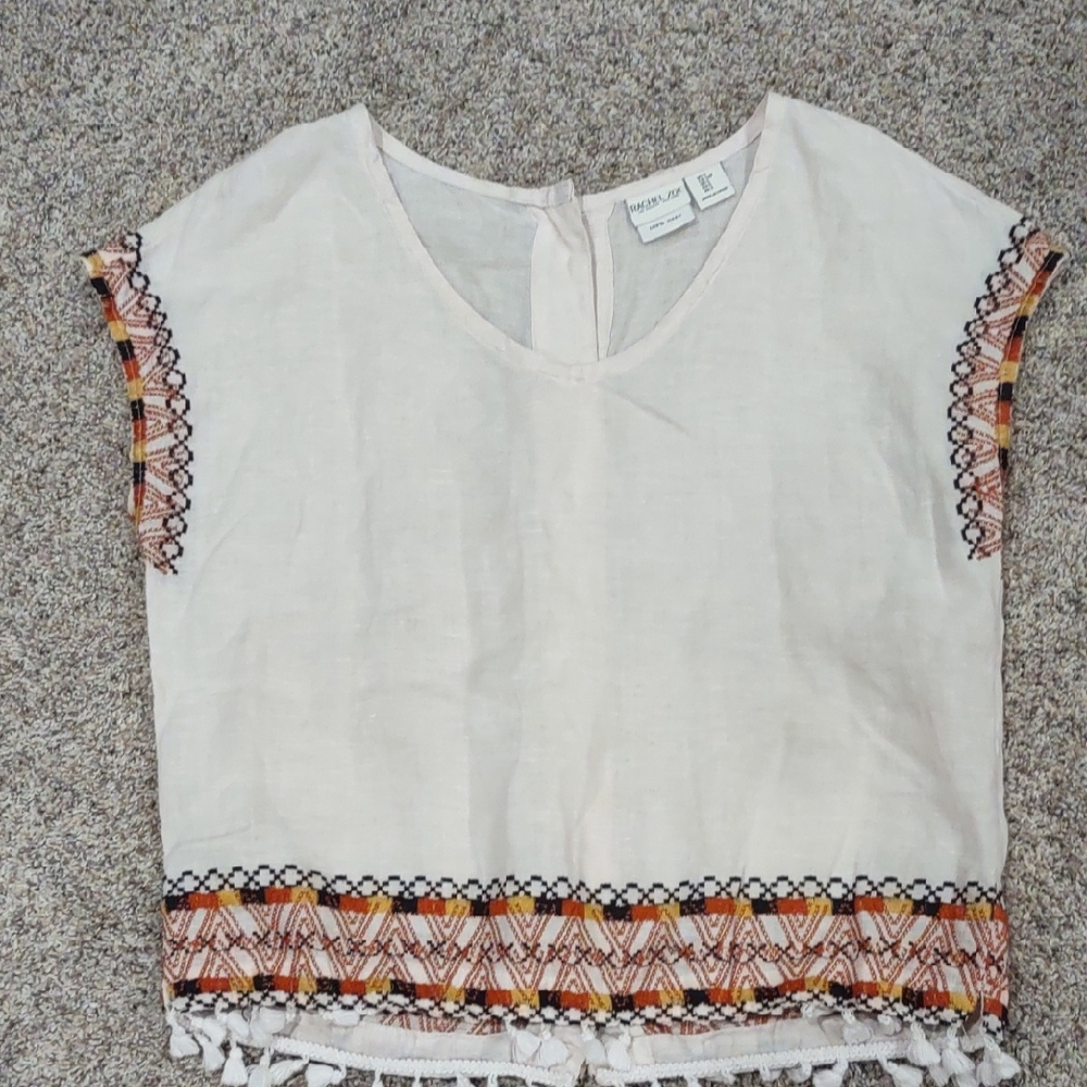 Boho Embroidered Top with Tassels, Rachel Zoe, Linen, Size S.